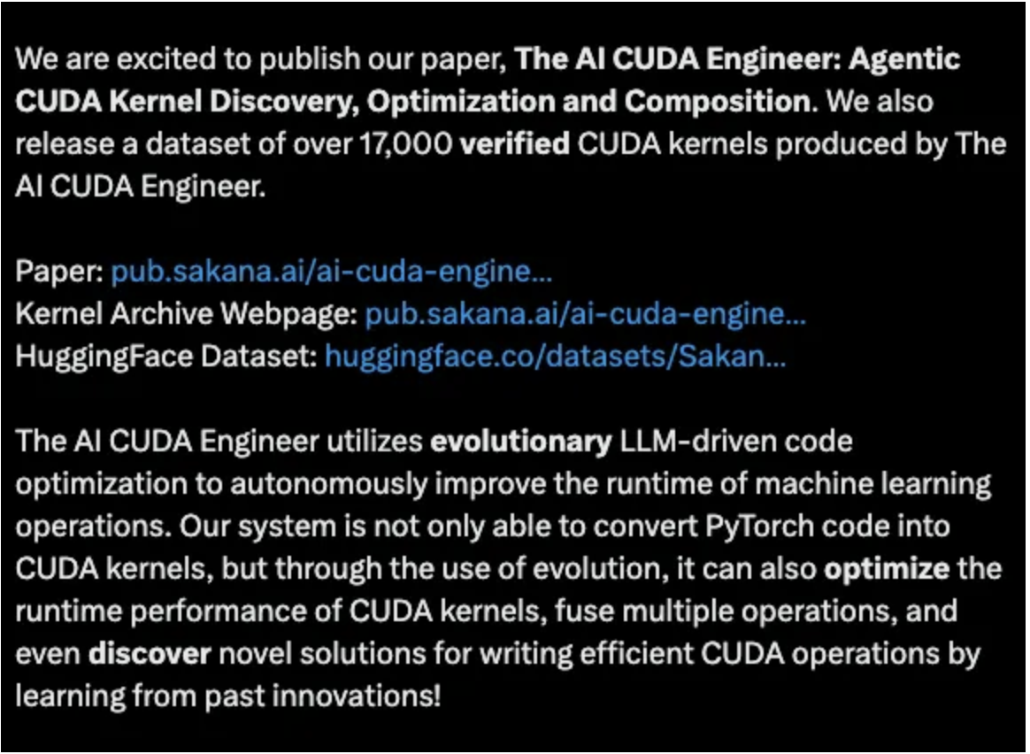 Sakuna Labs announcement about The AI CUDA Engineer paper and dataset of 17,000 verified CUDA kernels